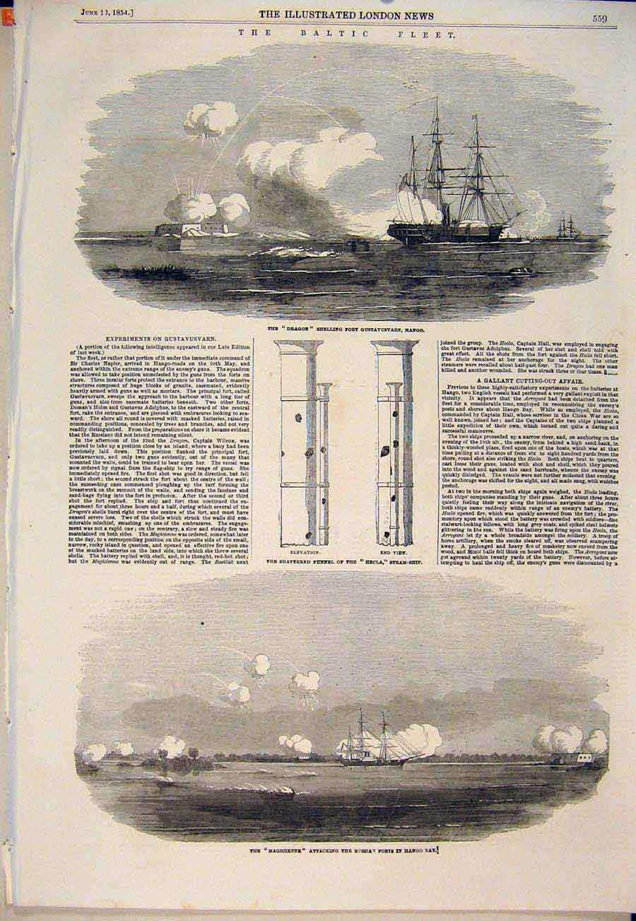 Original Old Antique Print Dragon Hango Hecla Funnel Magicienne Steam Ship 1854