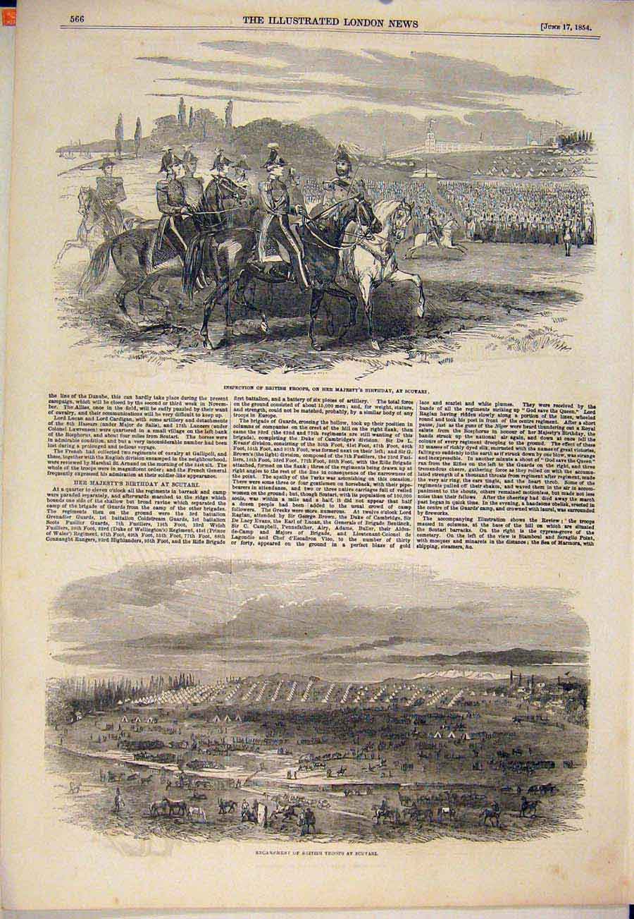 Original Old Antique Print British Troops Scutari Queen Birthday Inspection 1854