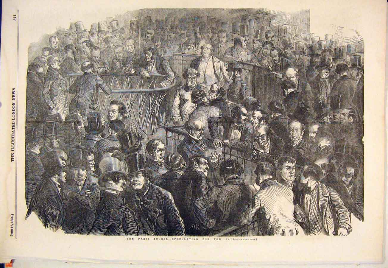 Original Old Antique Print Paris Bourse France 1854 19th Century