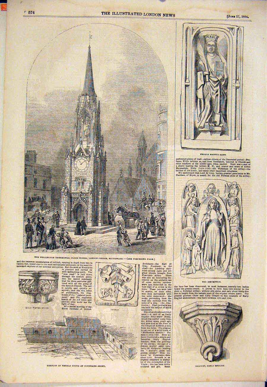 Old Antique Print Wellington Clock Tower London Bridge Saint Statue 1854 19th
