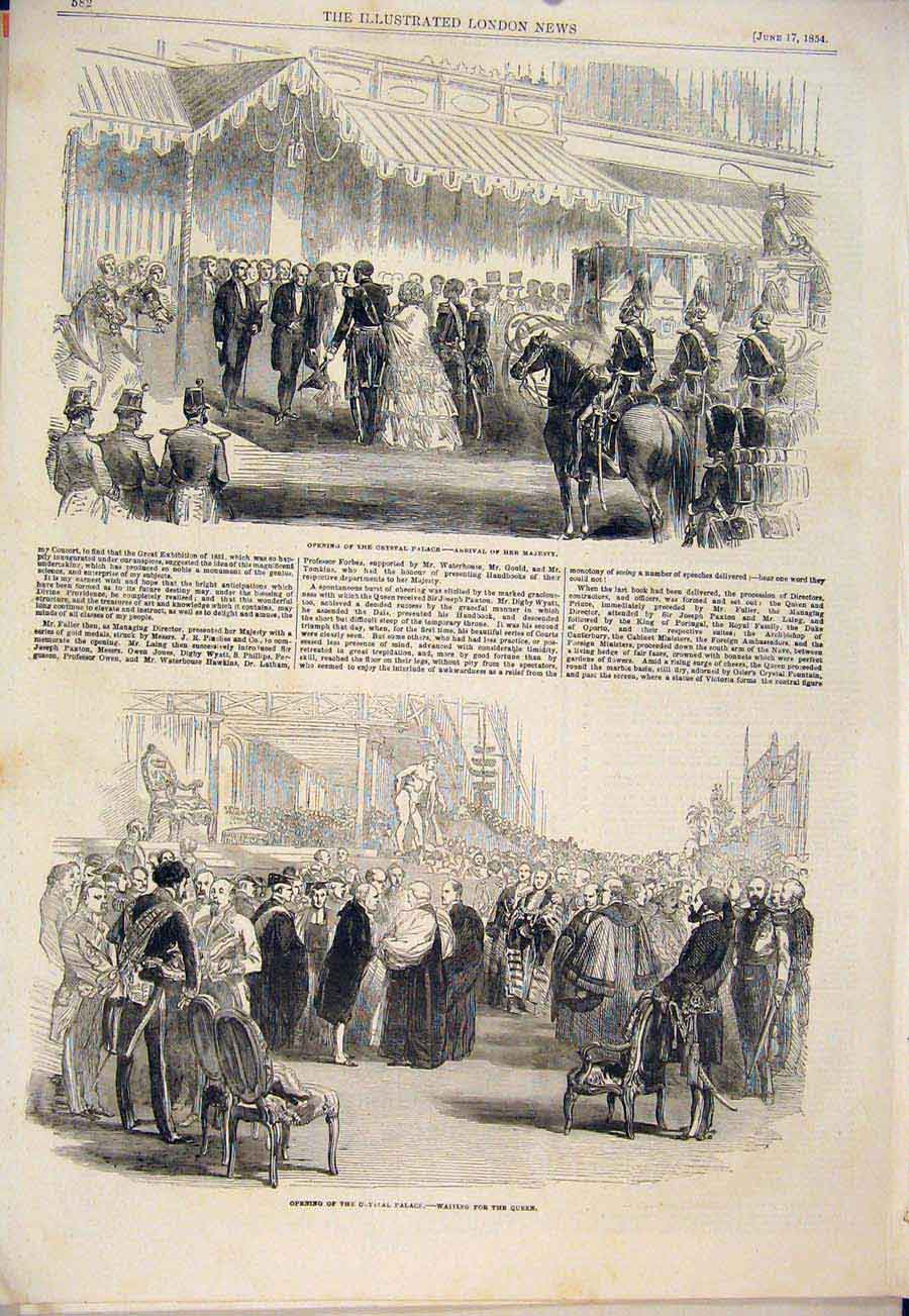 Original Old Antique Print Crystal Palace London Queen Esk Millwall 1854 19th