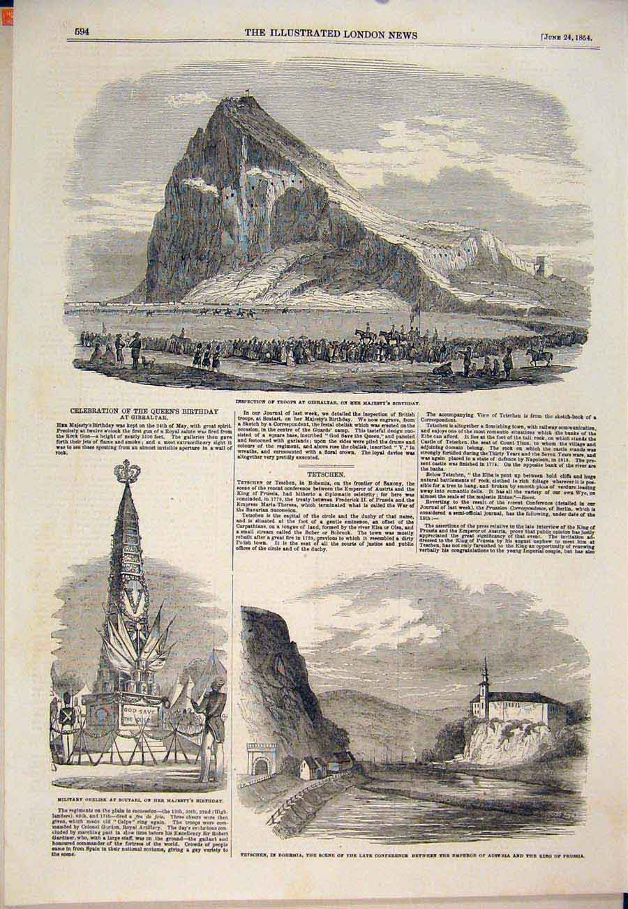 Old Antique Print Gibraltar Troops Scutari Obelisk Bohemia Tetschen 1854 19th