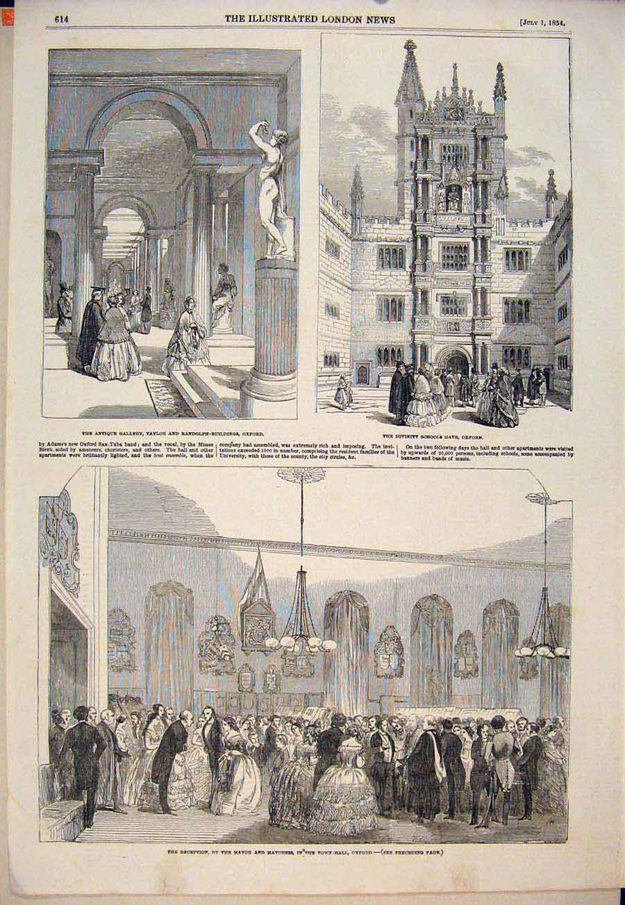 Original Old Antique Print Oxford Gallery School Gate Town Hall Taylor Randolph