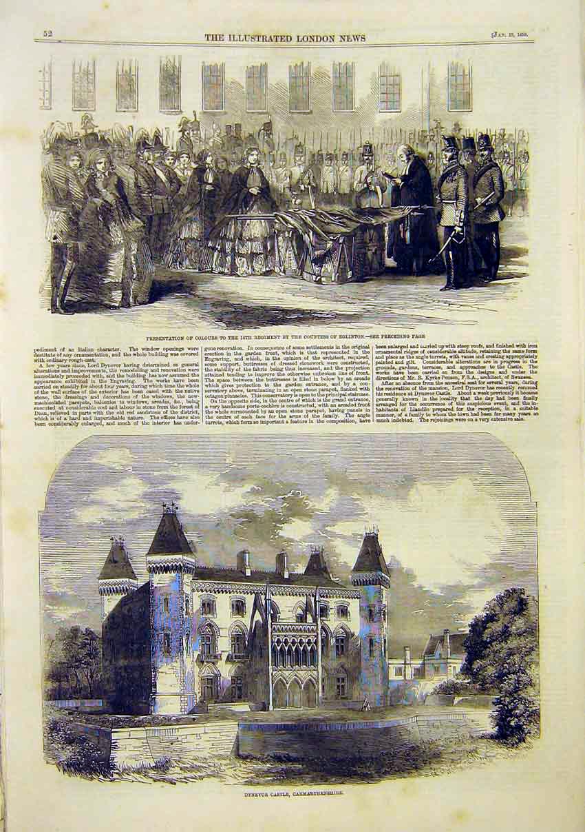 Old Antique Print Regiment Eglington Dynevor Castle Carmarthenshire 1859 19th