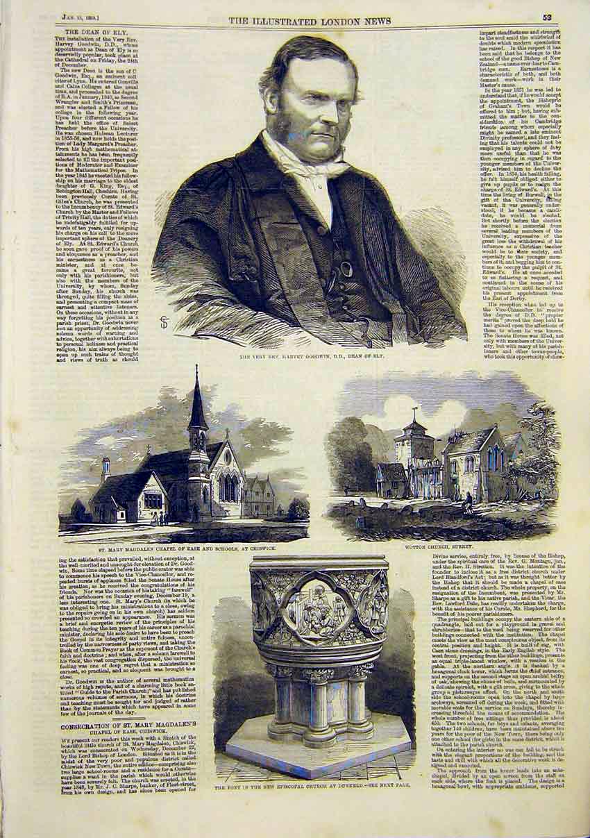 Old Antique Print Goodwin Ely Chapel Chiswick Surrey Church Font Dunkeld