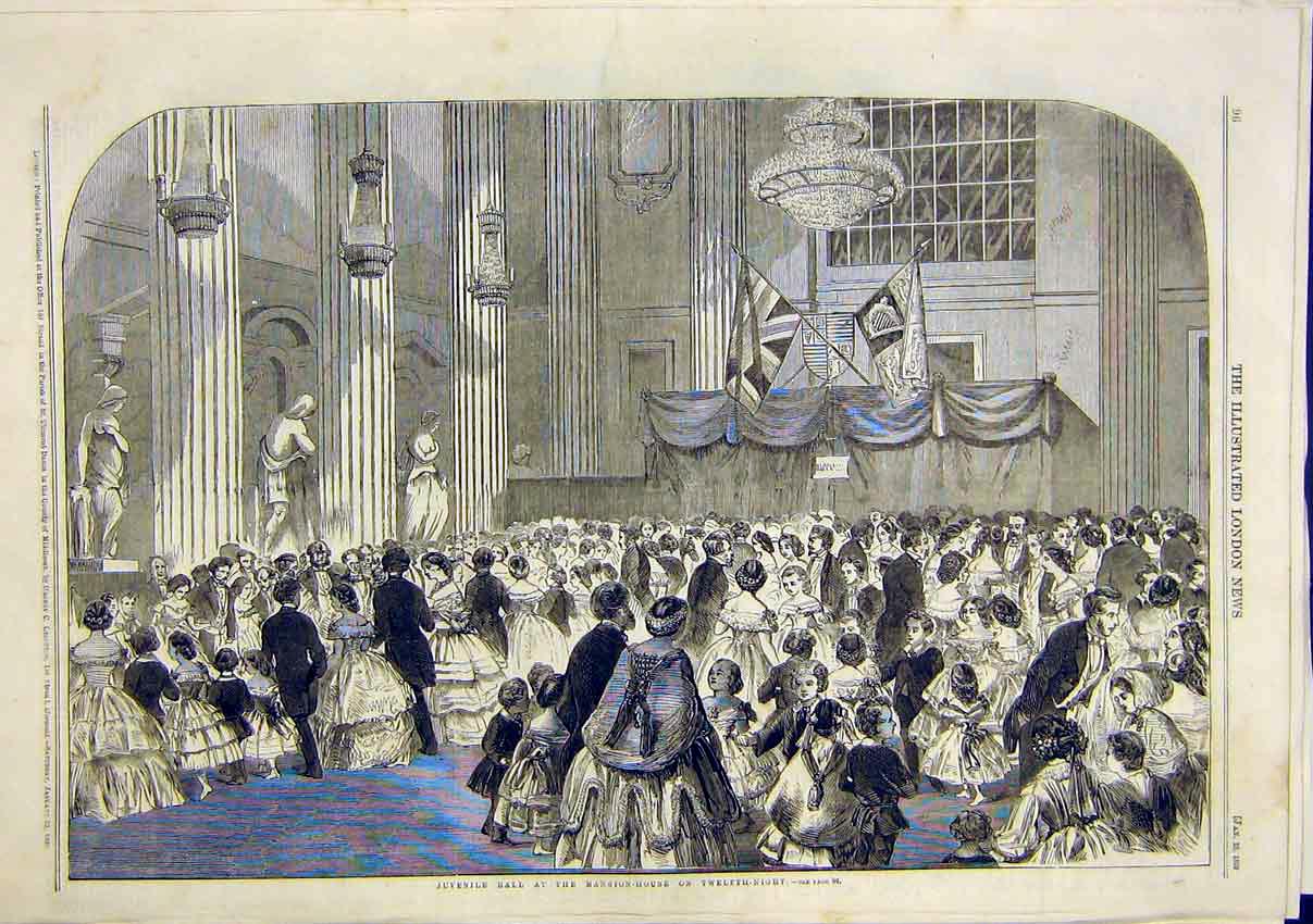 Original Old Antique Print Juvenile Ball Mansion House Twelfth Night 1859 19th