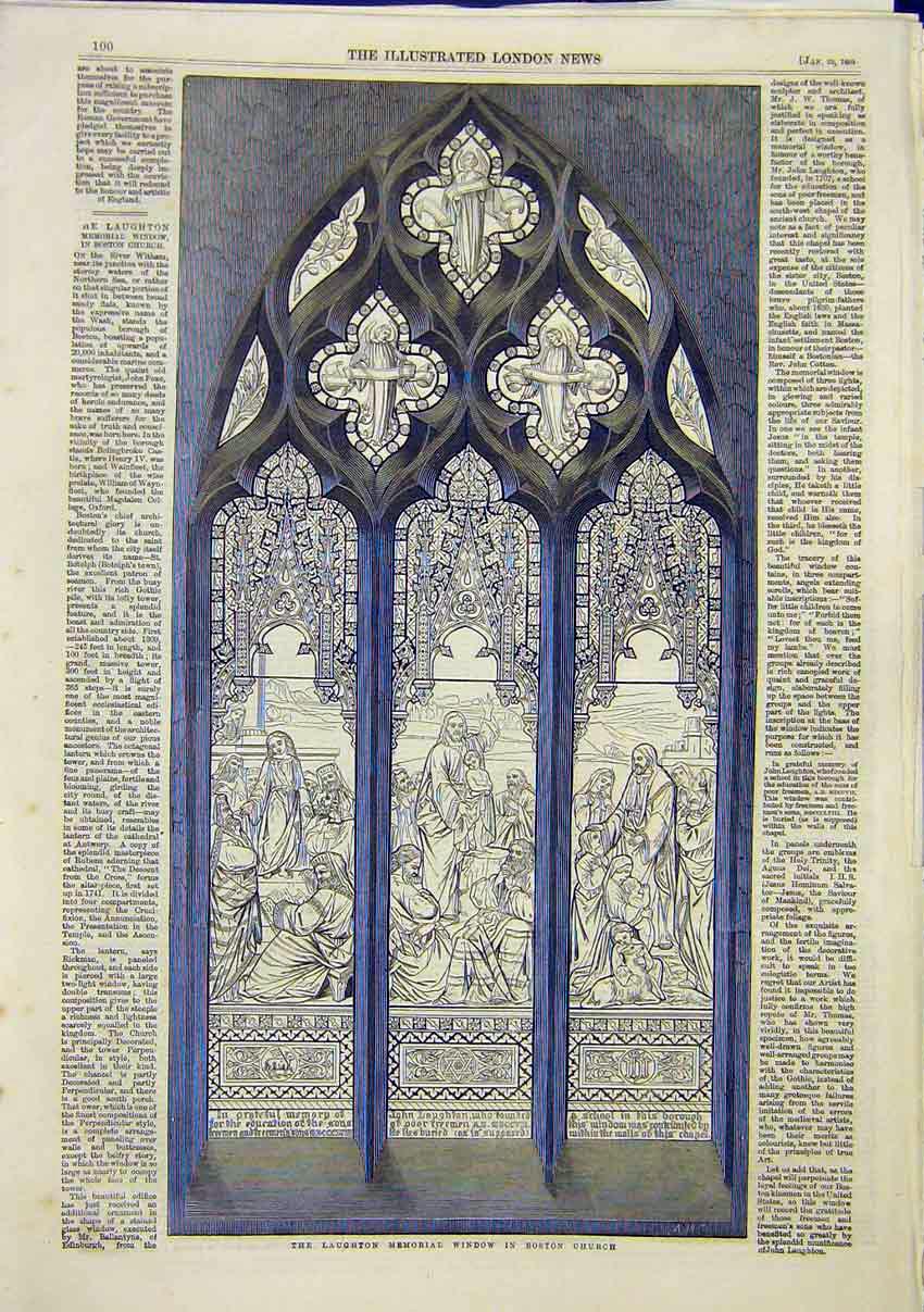 Original Old Antique Print Laughton Memorial Window Boston Church Glass 1859