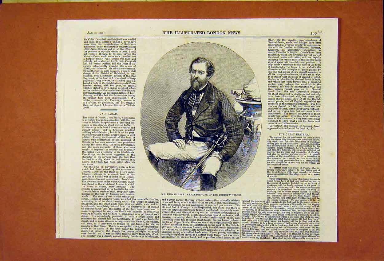 Original Old Antique Print Thomas Henry Kavanagh Lucknow Hero 1859 Victorian