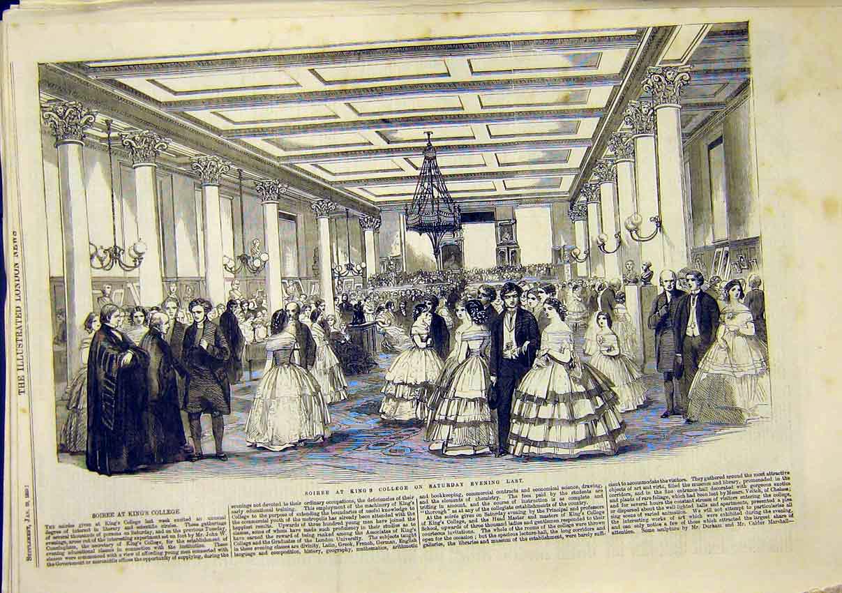 Original Old Antique Print Soiree King'S College Dance Literary Scientific 1859