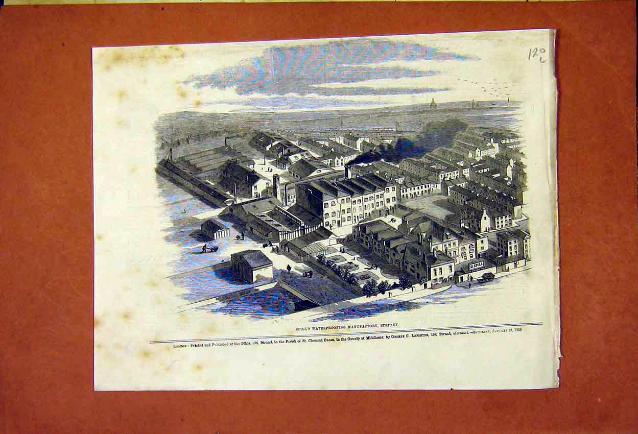 Original Old Antique Print Stepney Spill Waterproofing Manufactory 1859 19th