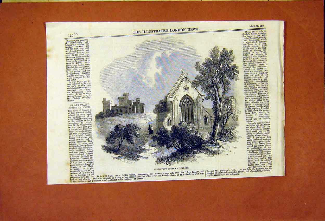 Original Old Antique Print Cannes France Protestant Church 1859 19th