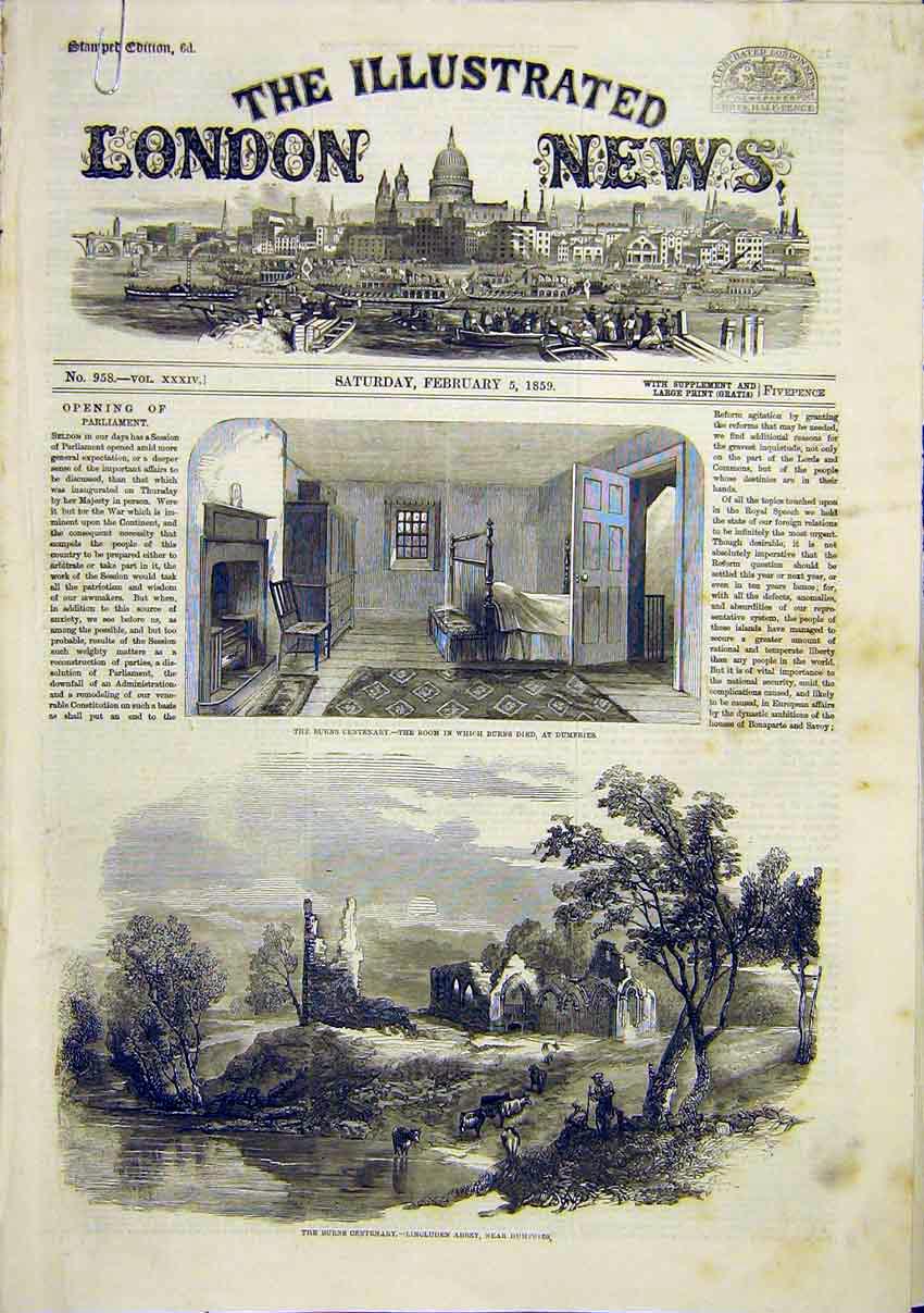 Original Old Antique Print Burns Dumfries Lincluden Abbey Alloways Kirk 1859