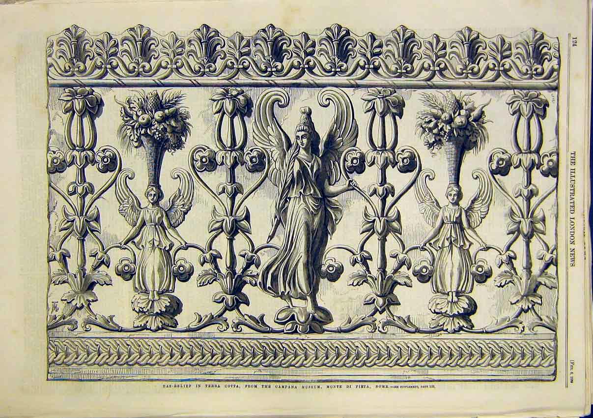 Original Old Antique Print Bas-Relief Terra Cotta Pieta Campana Museum Rome 1859