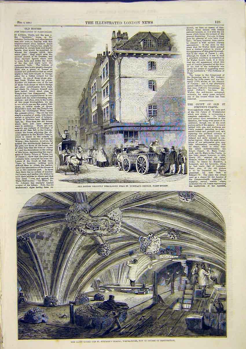 Old Antique Print Houses Fleet Street Crypt Stephen'S Chapel Westminster