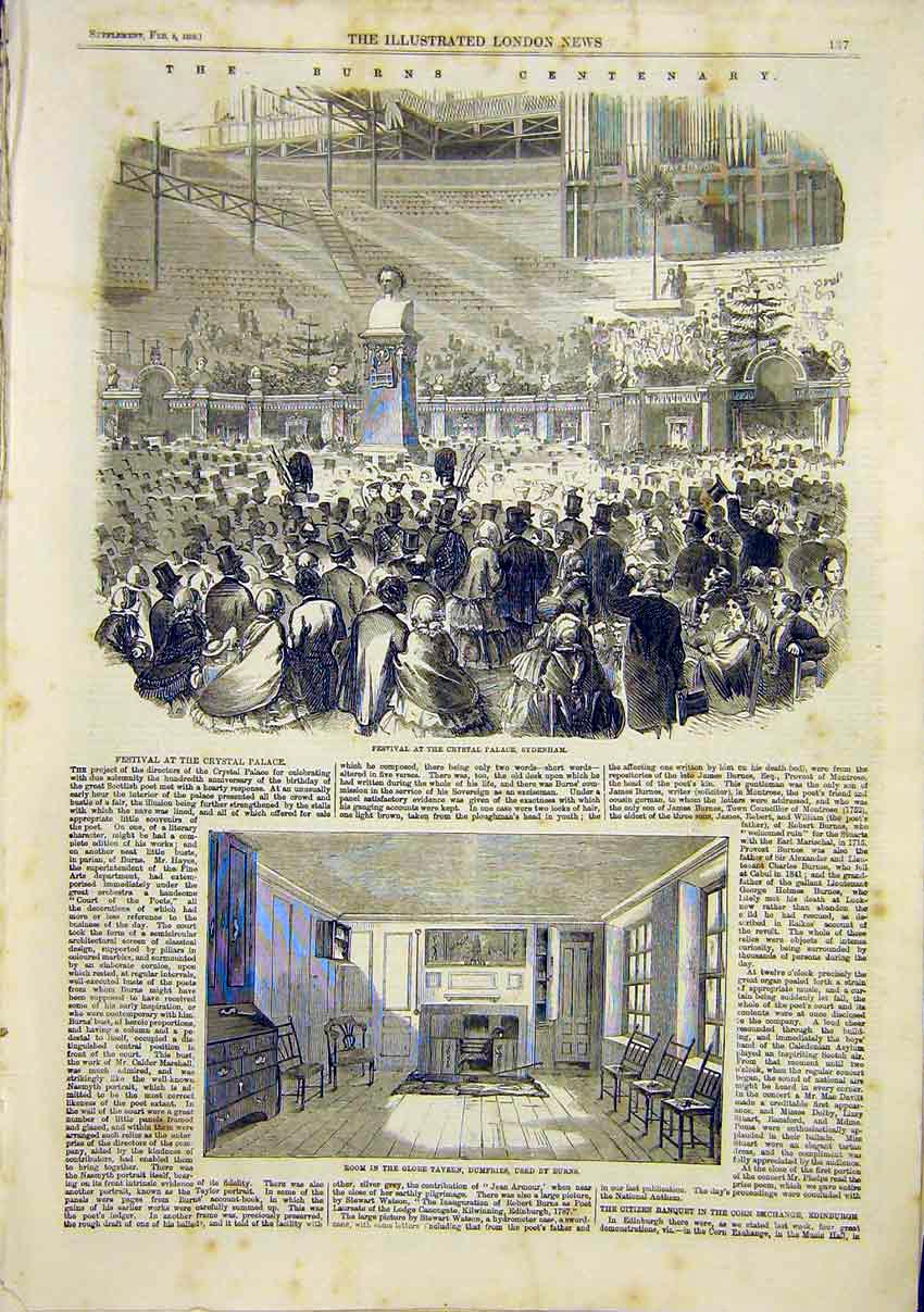 Original Old Antique Print Burns Festival Crystal Palace Dumfries Scotland 1859