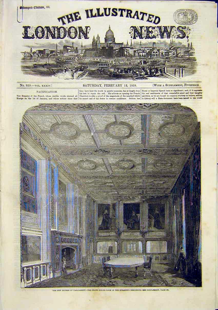 Original Old Antique Print Houses Parliament Commons Staircase Speaker 1859
