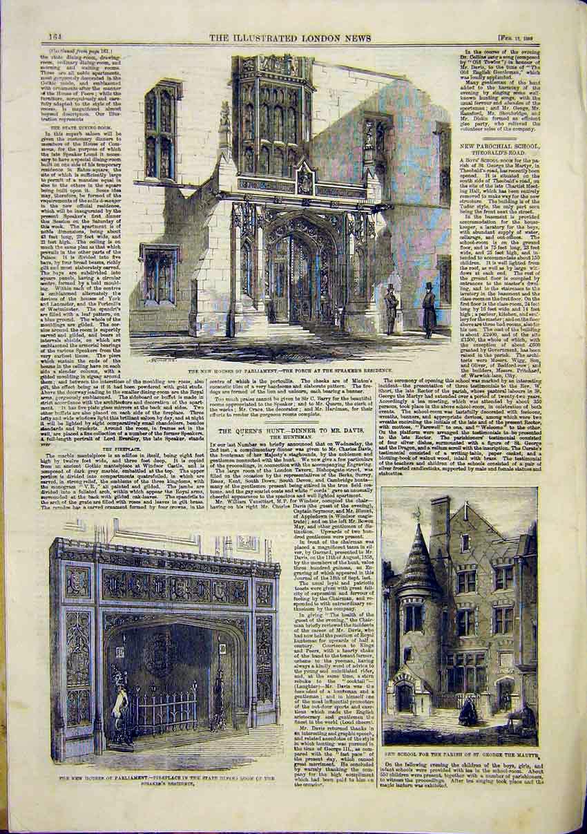 Old Antique Print Houses Parliament Porch Fireplace School Building 1859 19th
