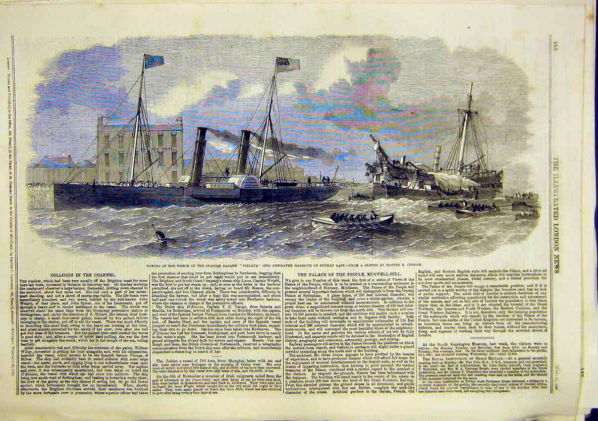 Original Old Antique Print Wreck Spanish Barque Vizcaya Newhaven Ingram 1859