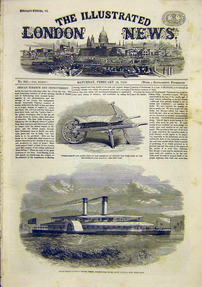 Original Old Antique Print Wheelbarrow Spade Stratford Indus Steam Flotilla 1859