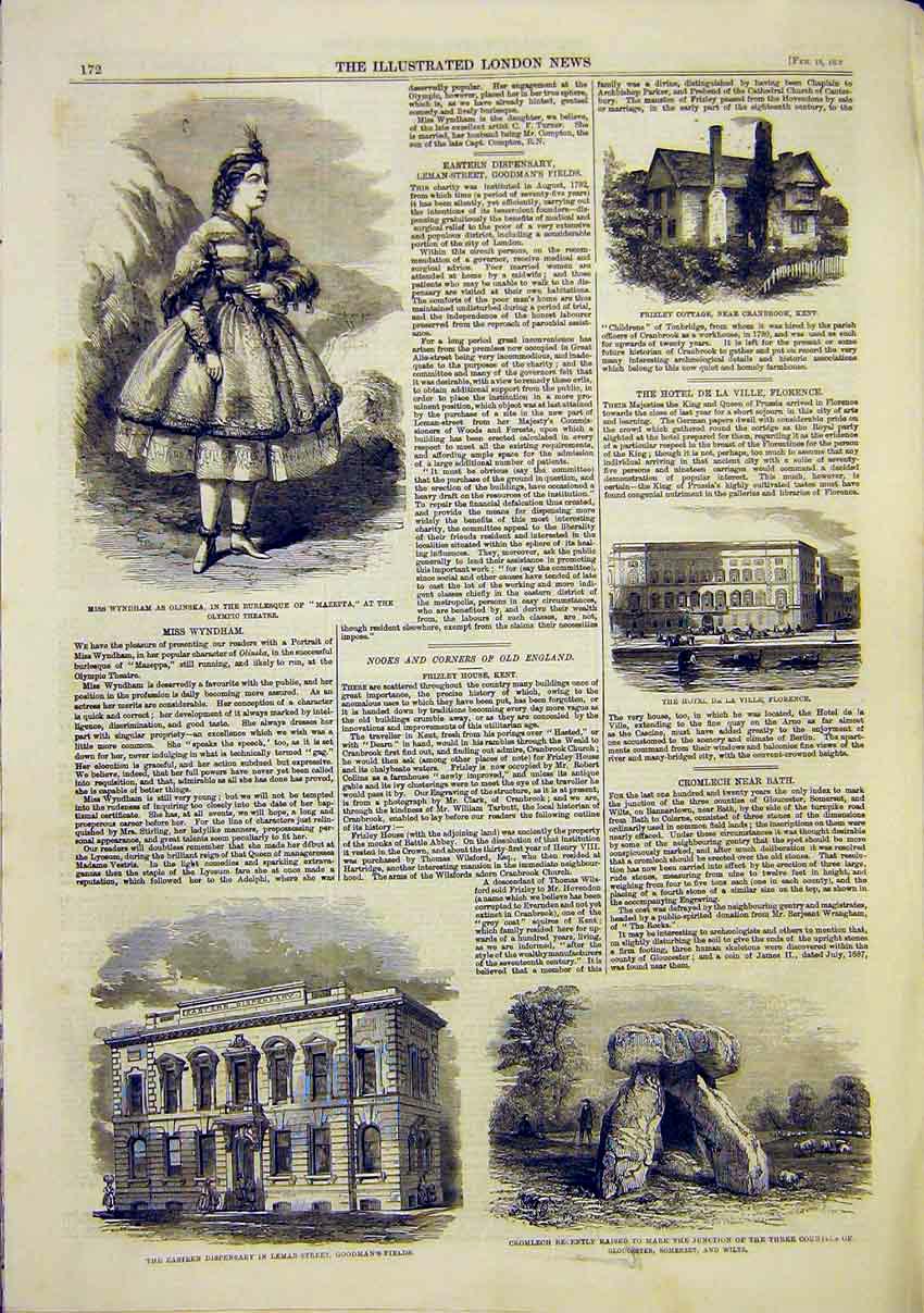 Original Old Antique Print Wyndham Theatre Cromlech Florence Kent Building 1859