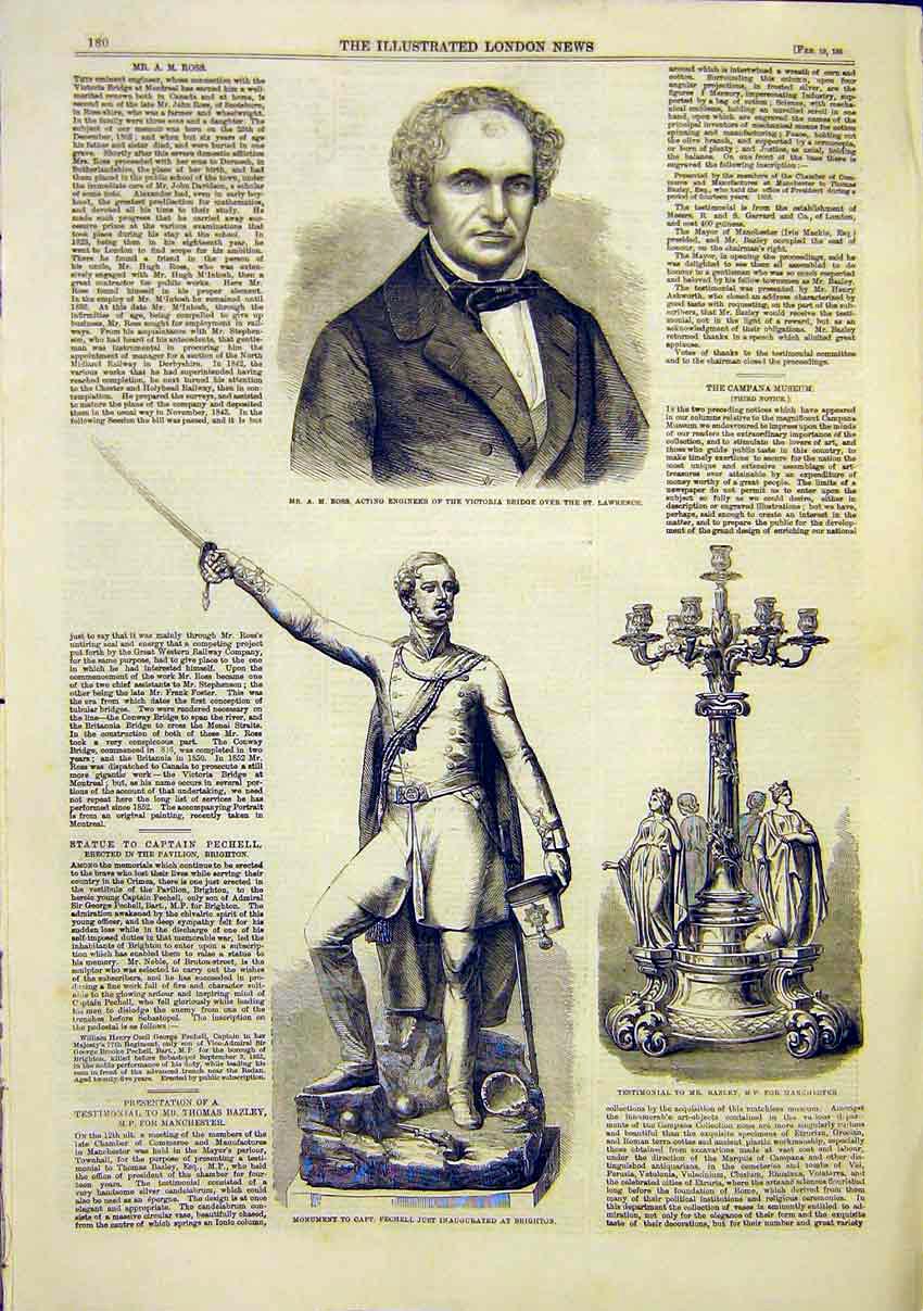 Original Old Antique Print Ross Engineer Pechell Brighton Statue Bazley 1859