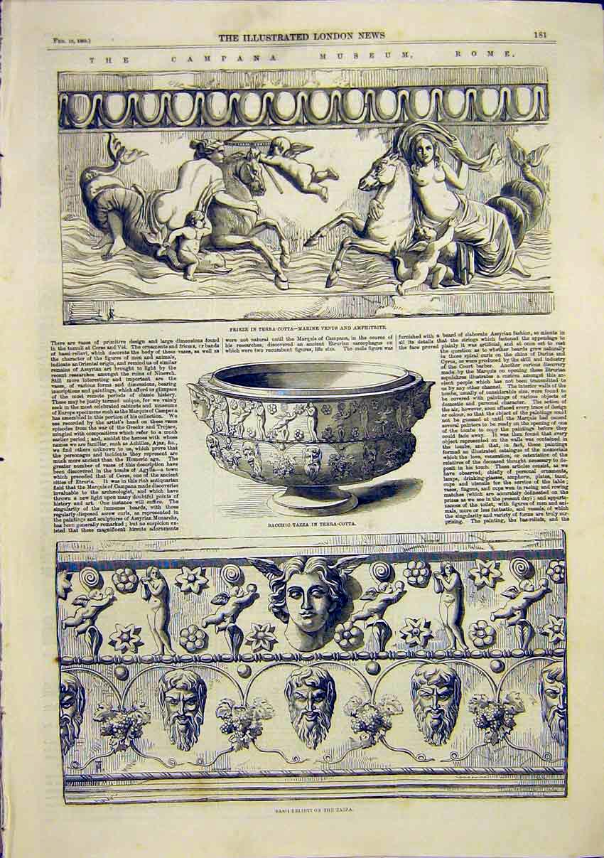 Old Antique Print Campana Museum Rome Italy Frieze Tazza Terra-Cotta 1859 19th