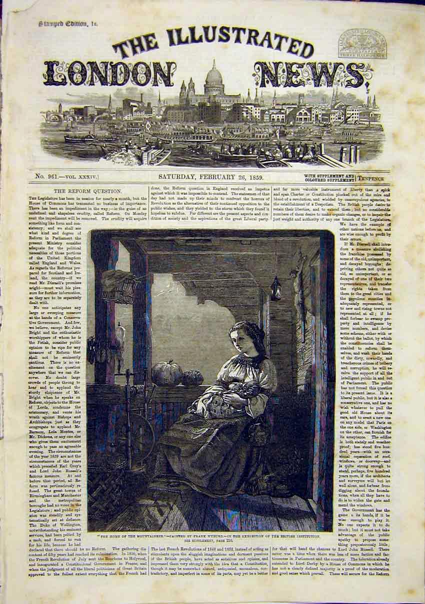 Original Old Antique Print Home Mountaineer Wyburd Lady Baby Fine Art 1859 19th