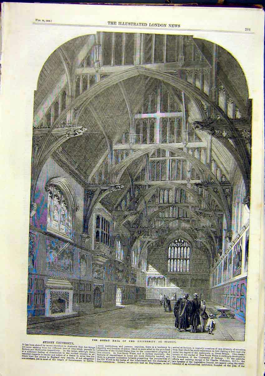 Original Old Antique Print Great Hall University Sydney Australia Building 1859