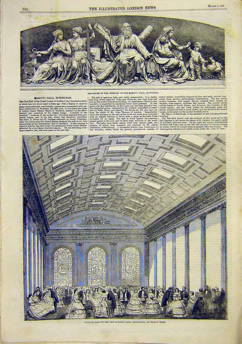 Original Old Antique Print Msaonic Hall Edinburgh Ball Bas-Relief Scotland 1859