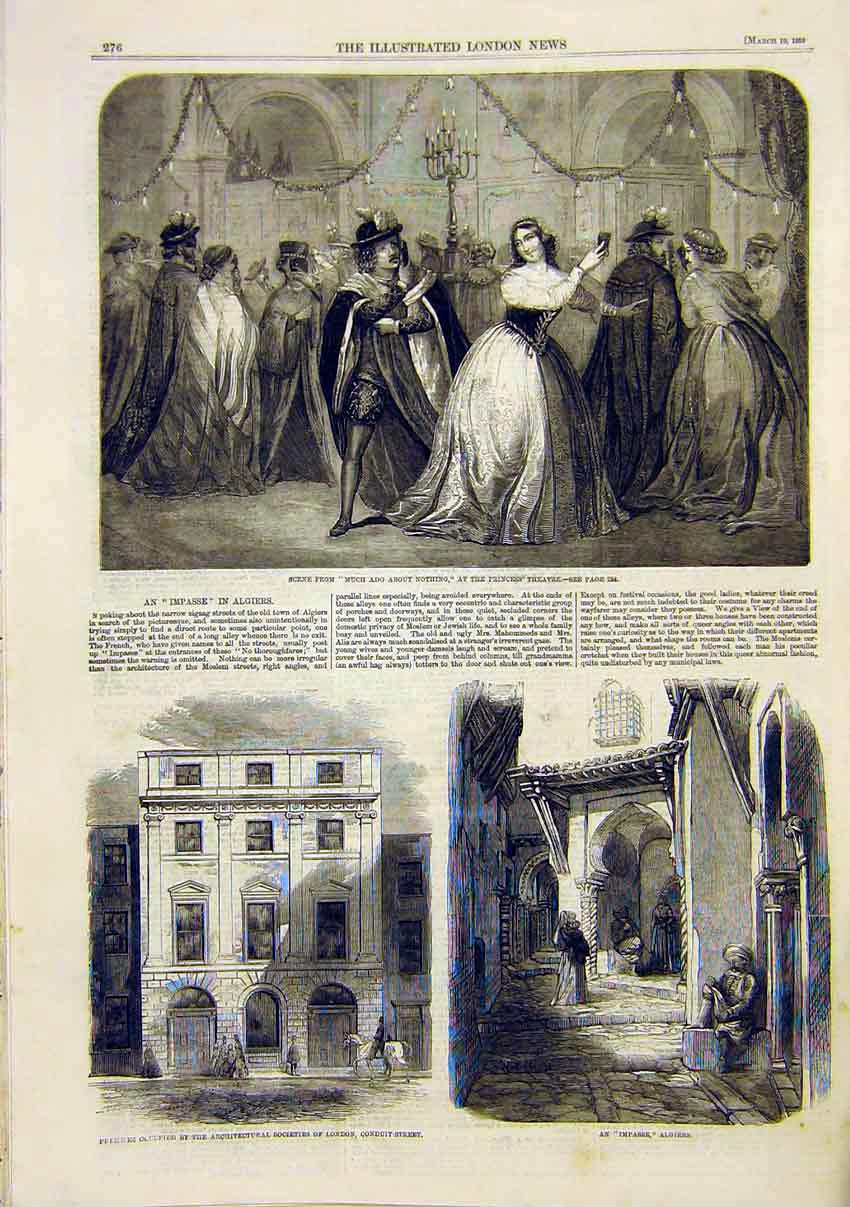 Original Old Antique Print Princess Theatre Architecture Building London Algiers