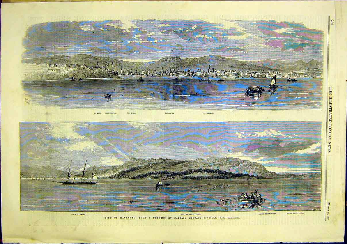 Original Old Antique Print View Havannah Tobacco Hms Lapwing Cathedral 1859 19th