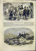 Original Old Antique Print Montreal Market Cloth Ice St Lawrence 1859 Victorian