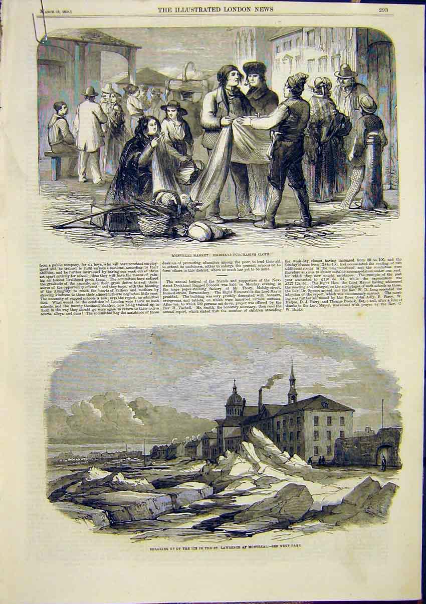 Original Old Antique Print Montreal Market Cloth Ice St Lawrence 1859 Victorian