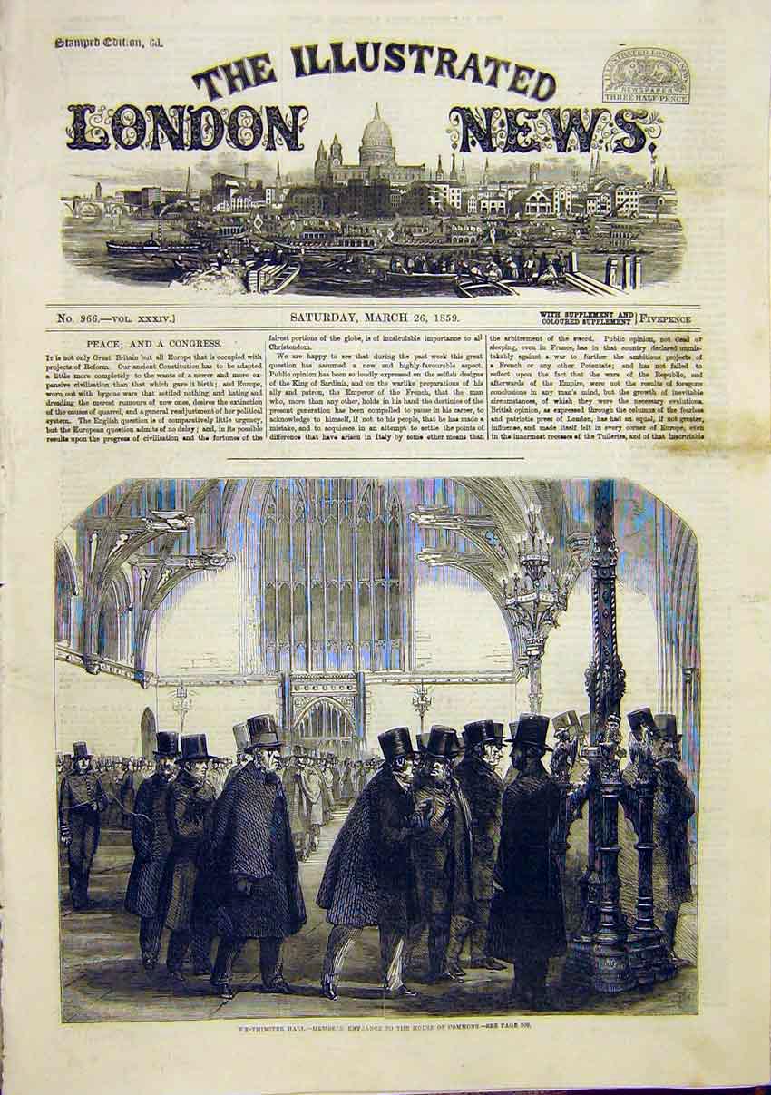 Original Old Antique Print Westminster Hall House Commons 1859 19th