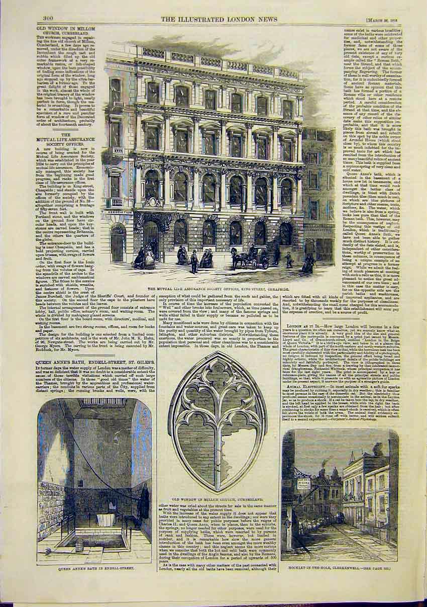 Original Old Antique Print Mutual Life Insurance Cheapside Endell Clerkenwall