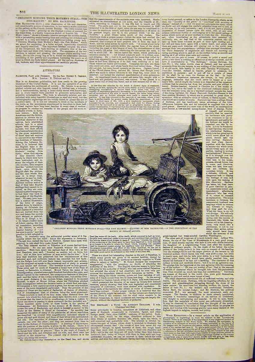 Original Old Antique Print Fish Market Children Backhouse Fine Art 1859 19th