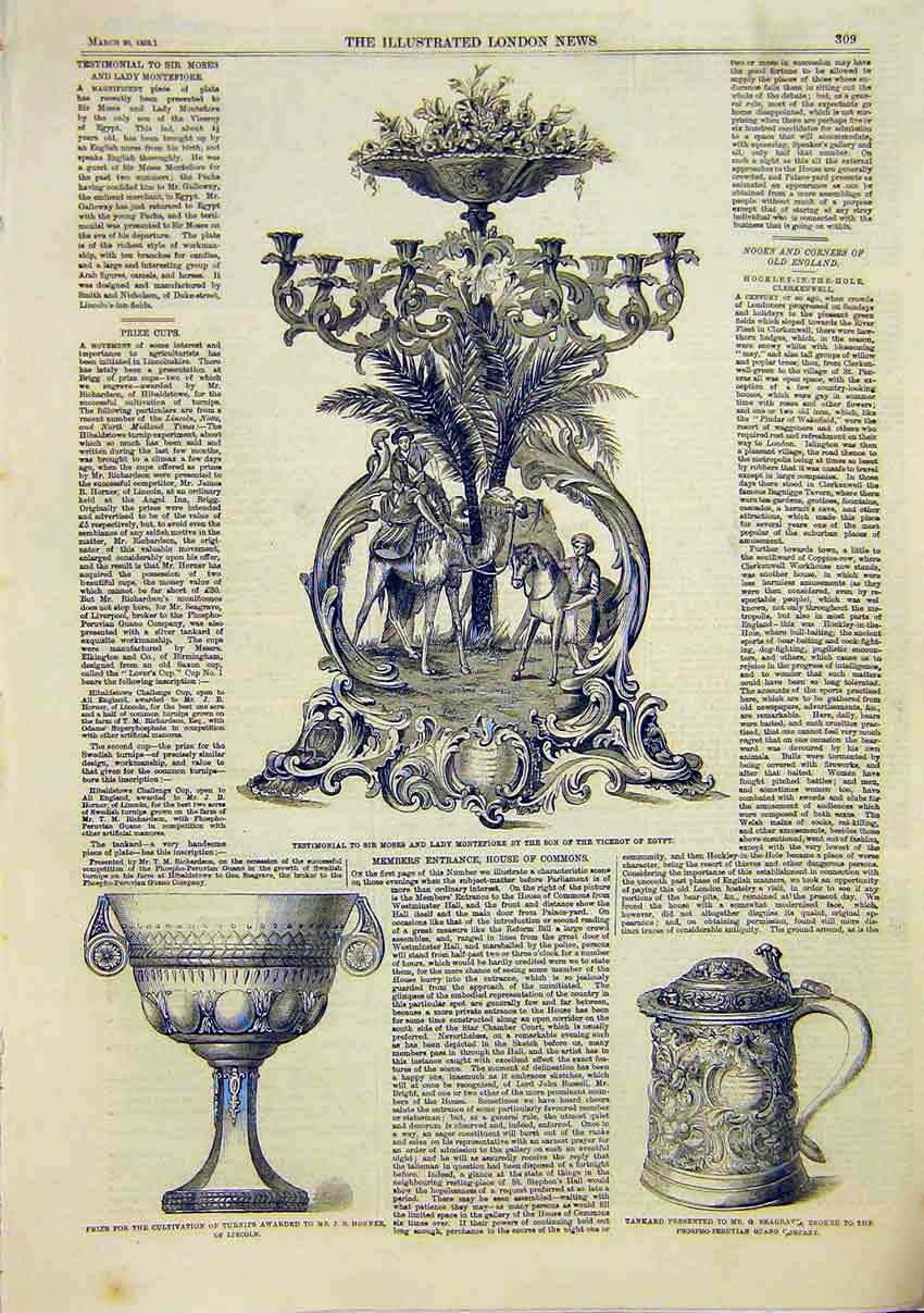 Original Old Antique Print Montefiore Prize Turnips Horner Seagrave Tankard 1859