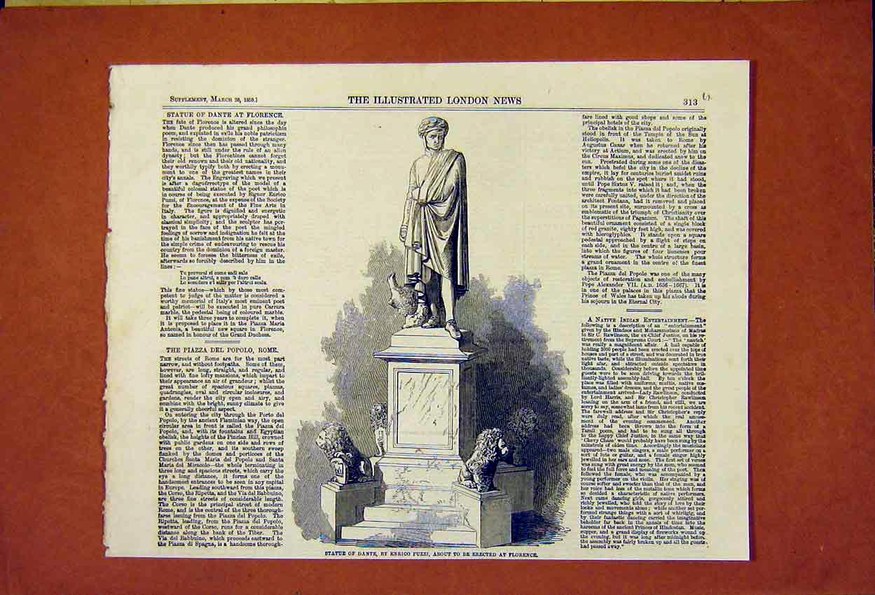 Original Old Antique Print Italy Florence Dante Statue Enrico Puzzi 1859 19th