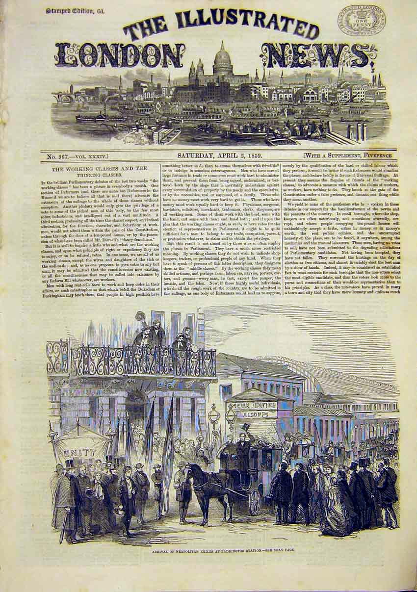 Original Old Antique Print Neapolitan Exiles Paddington Station London 1859 19th