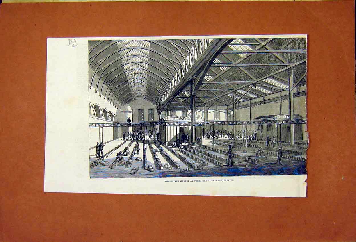 Original Old Antique Print Butter Market Cork 1859 19th Century