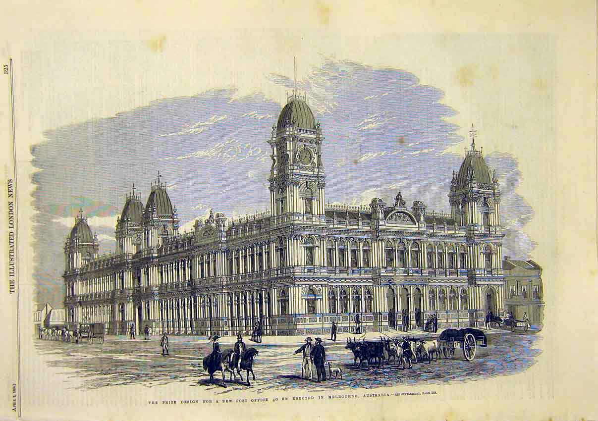 Original Old Antique Print Post Office Building Prize Design Australia 1859 19th
