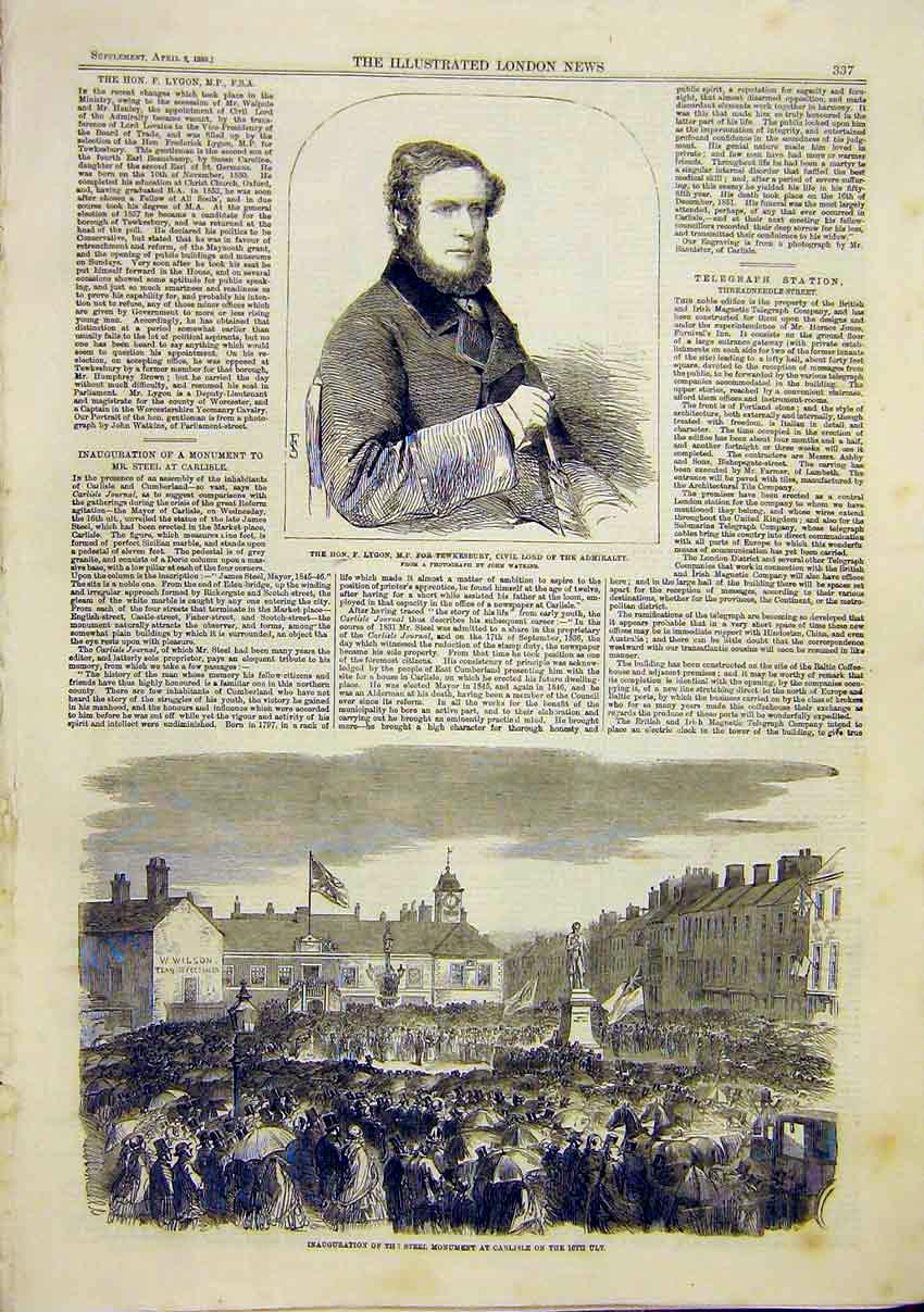 Old Antique Print Steel Monument Carlisle Lygon Tewkesbury Admiralty 1859 19th