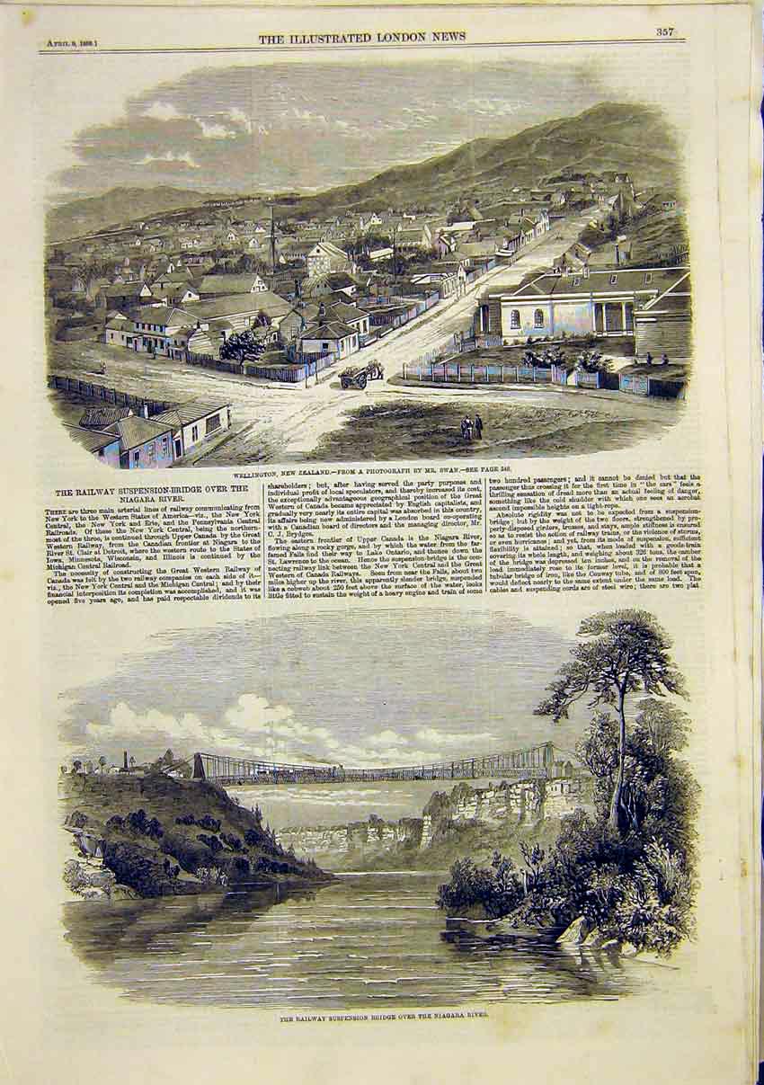 Old Antique Print Wellington New Zealand Railway Suspension Niagara 1859 19th