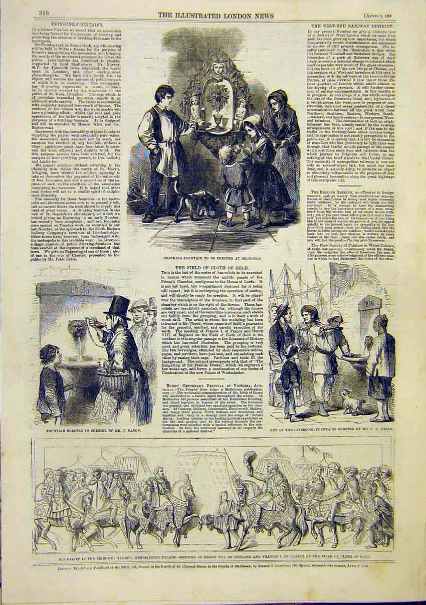 Original Old Antique Print Fountain Islington Chester Liverpool Bas Relief 1859