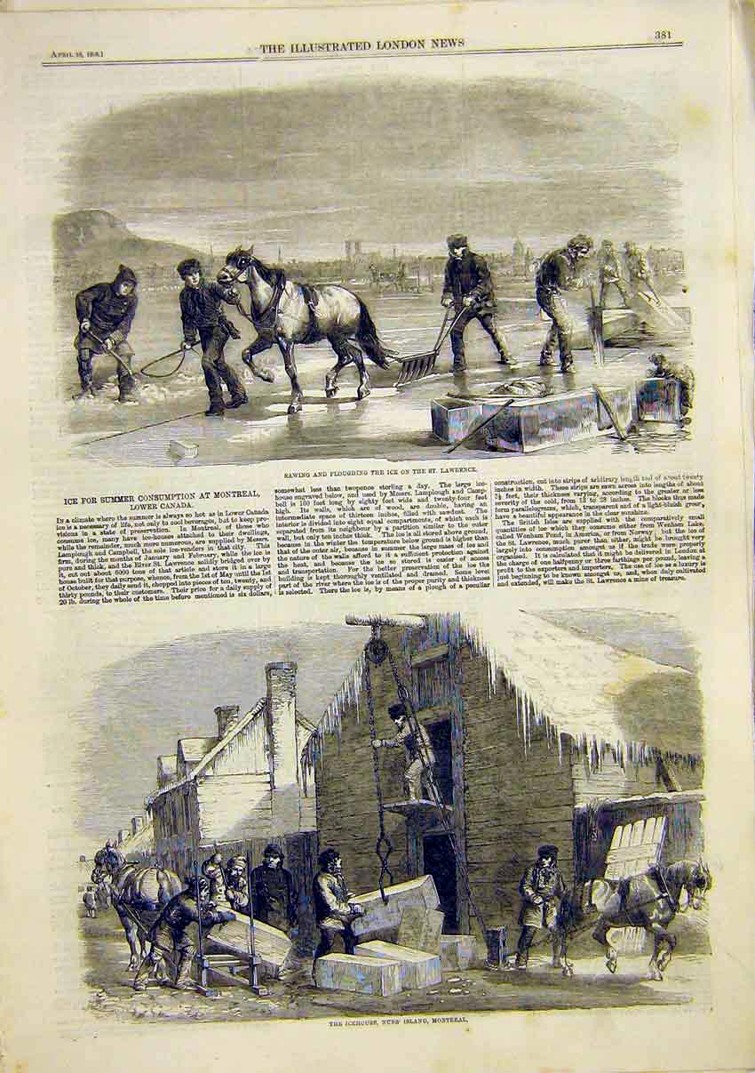 Original Old Antique Print Ice St Lawrence Icehouse Nun'S Montreal Canada 1859