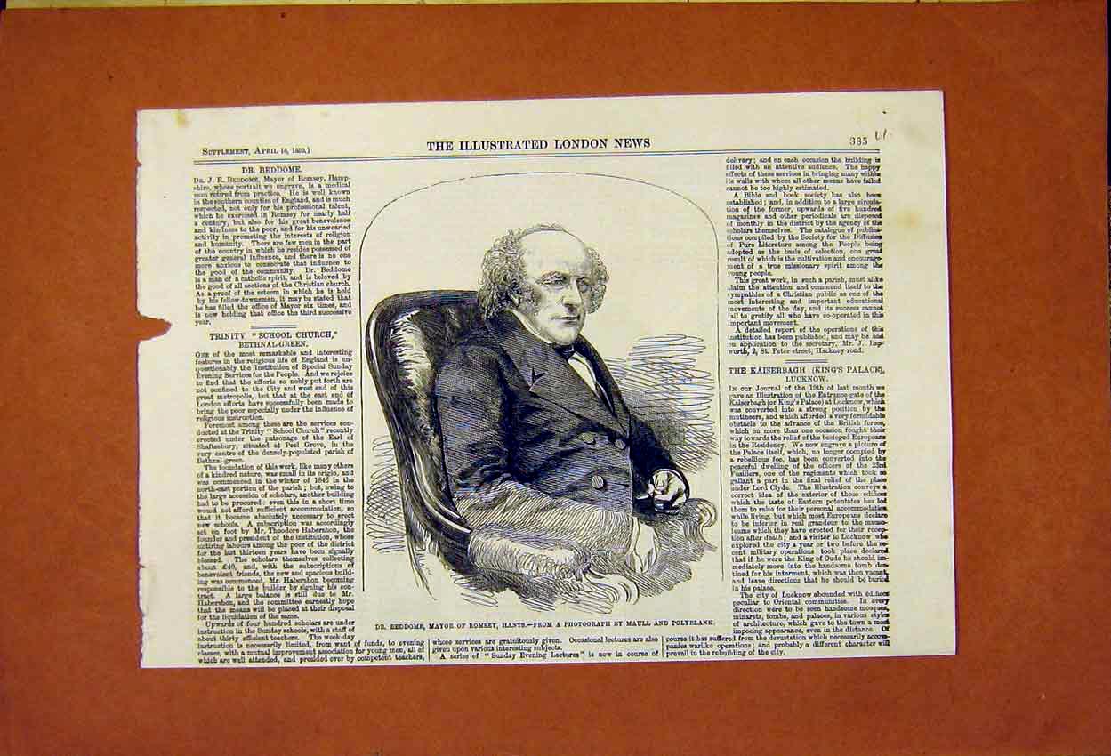 Original Old Antique Print Beddome Mayor Romsey Hampshire 1859 19th