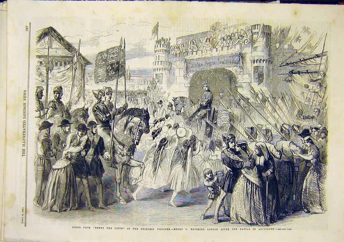 Original Old Antique Print Scene Henry Fifth Princess Theatre Agincourt 1859