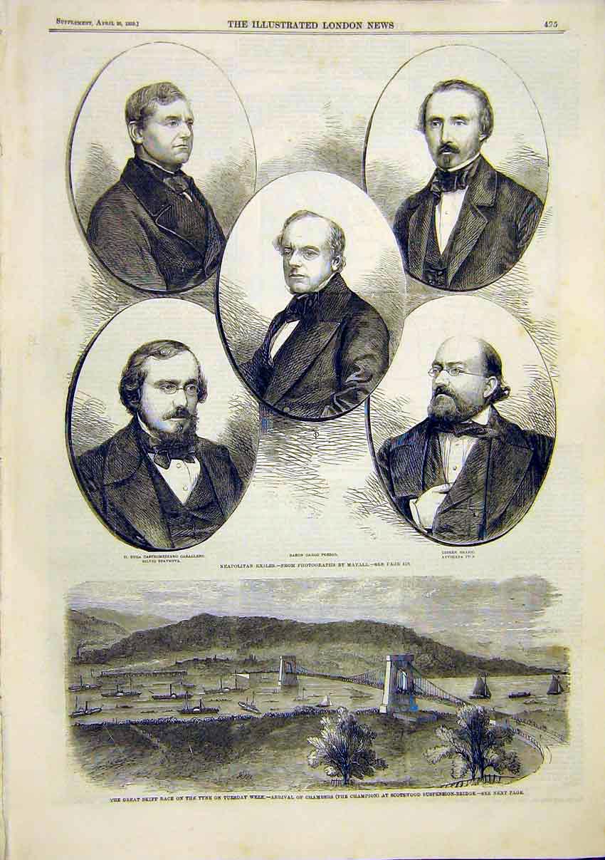 Original Old Antique Print Neapolitan Exiles Mayall Tyne Skiff Scotswood Bridge