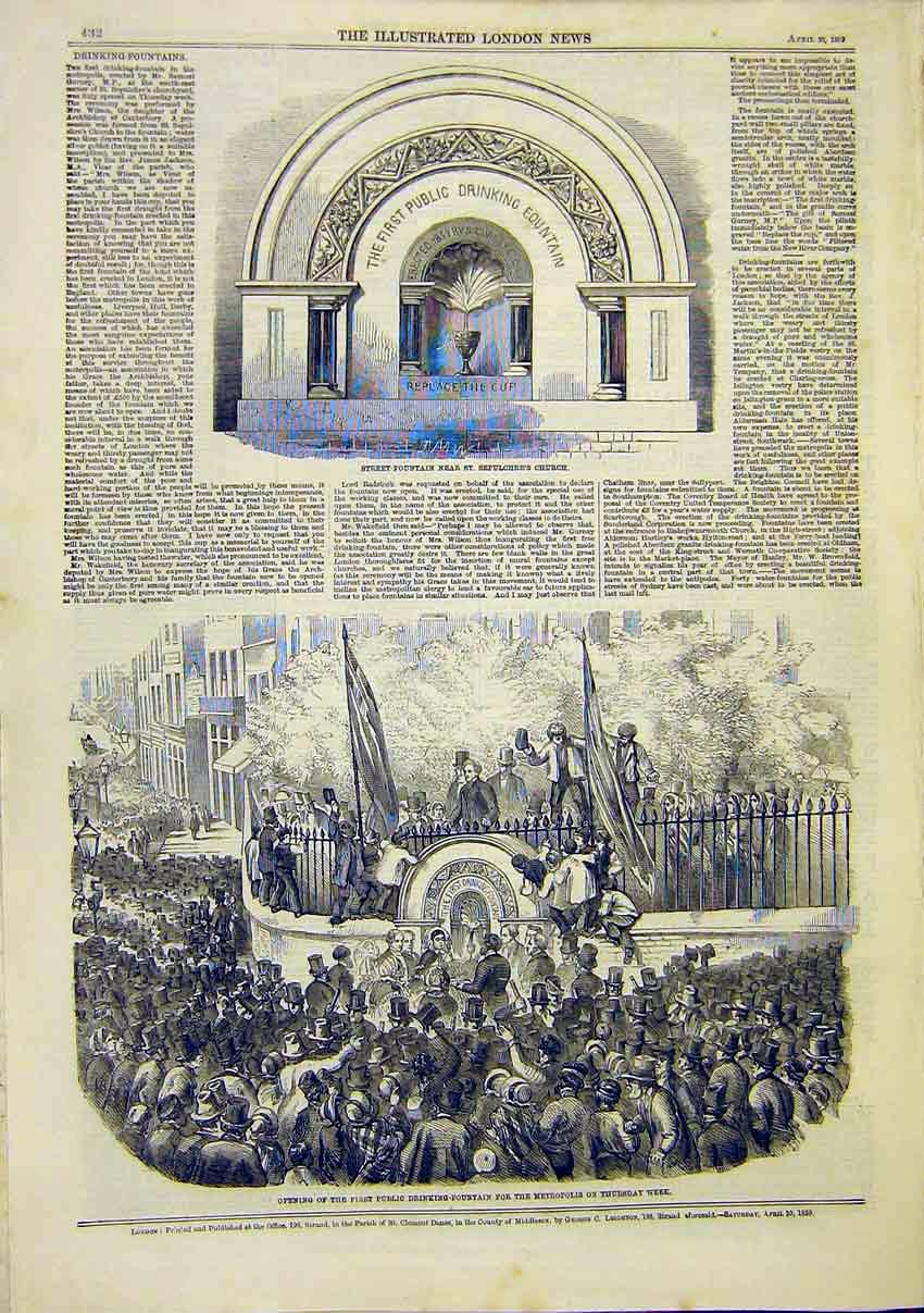 Original Old Antique Print Drinking Fountain St Sepulchre 1859 19th