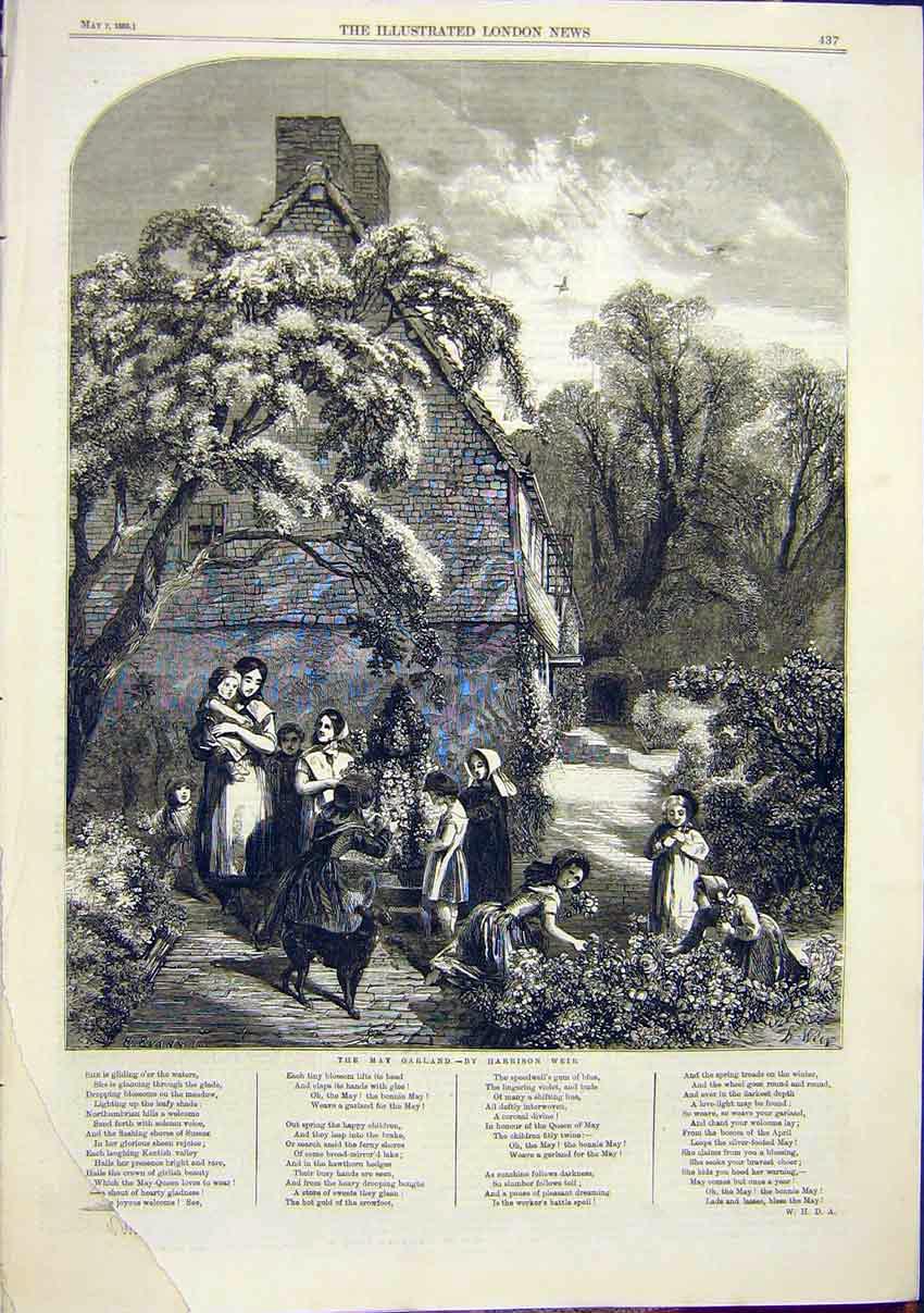 Original Old Antique Print May Garland Harrison Weir 1859 19th Century